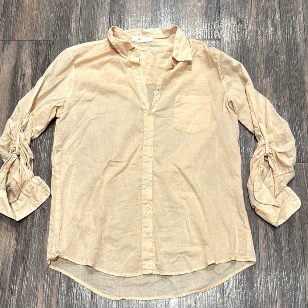 Xai Beige Sheer Linen-Look Button Down Top Roll Tab Sleeves Size M